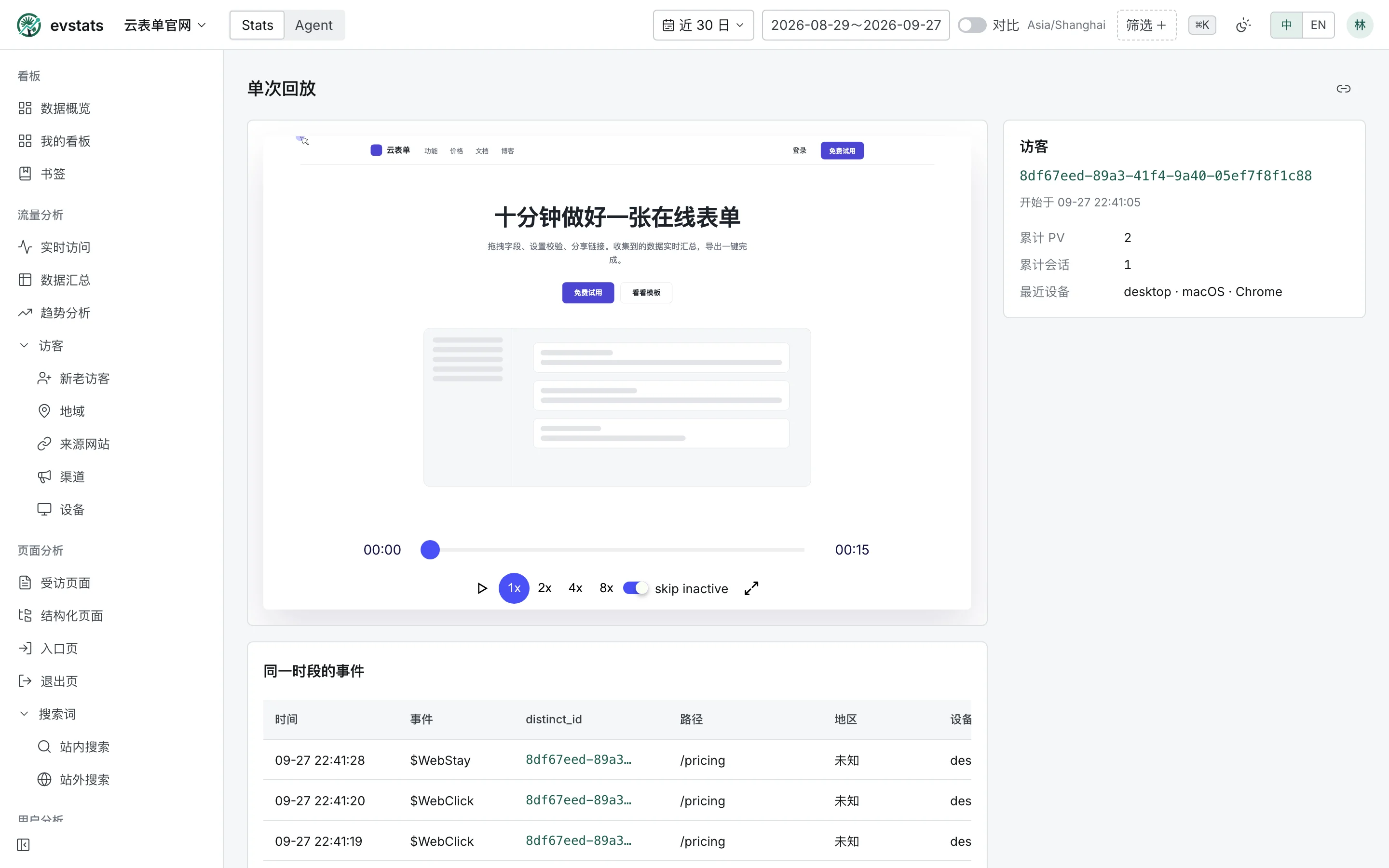 会话回放:播放一次访问与同一时段的事件